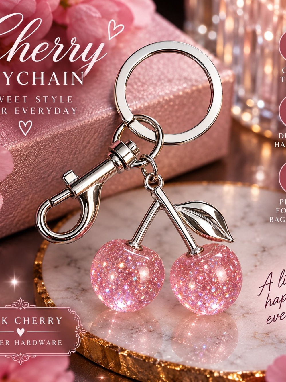 Pink Glitter Cherry Keychain - Women Accessories Pink & Silver!!